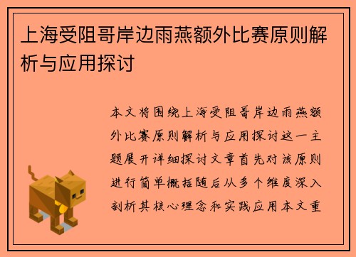 上海受阻哥岸边雨燕额外比赛原则解析与应用探讨