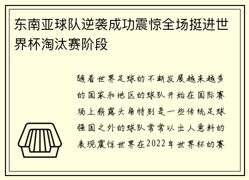 东南亚球队逆袭成功震惊全场挺进世界杯淘汰赛阶段