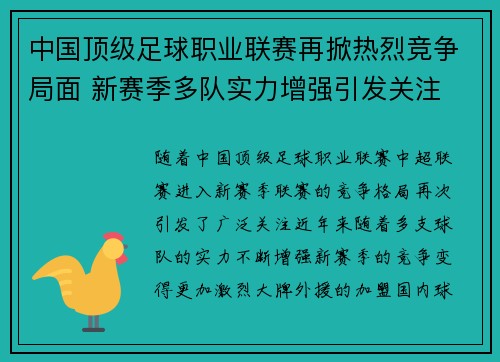 中国顶级足球职业联赛再掀热烈竞争局面 新赛季多队实力增强引发关注