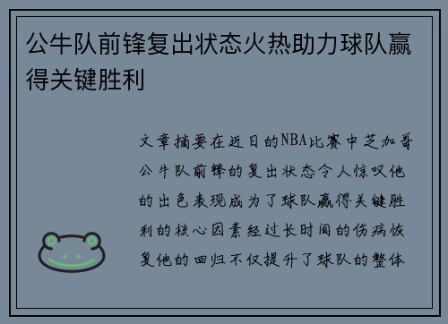 公牛队前锋复出状态火热助力球队赢得关键胜利