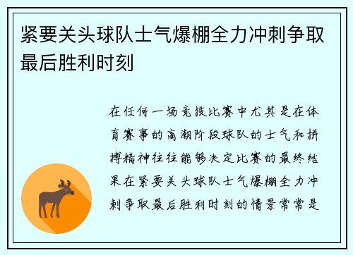 紧要关头球队士气爆棚全力冲刺争取最后胜利时刻