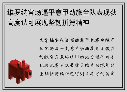 维罗纳客场逼平意甲劲旅全队表现获高度认可展现坚韧拼搏精神