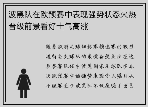 波黑队在欧预赛中表现强势状态火热晋级前景看好士气高涨