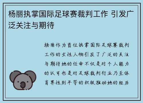 杨丽执掌国际足球赛裁判工作 引发广泛关注与期待